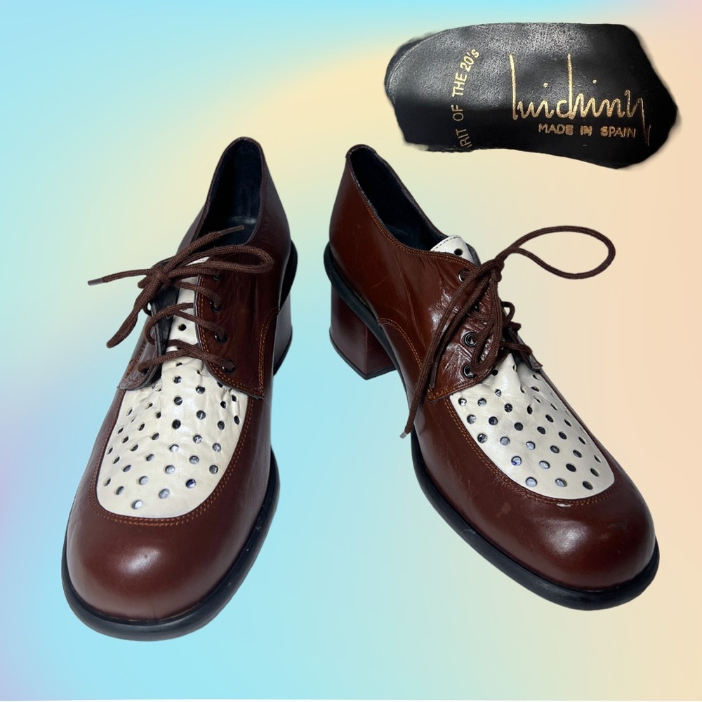 Vintage 90’s Reddish Brown & Cream Spirit of the 20's Luichiny Heeled Loafers 37